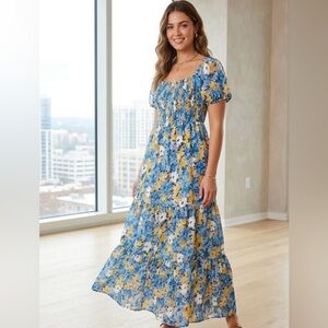 SHEIN Floral Off Shoulder Maxi Dress Size S Blue & Yellow
